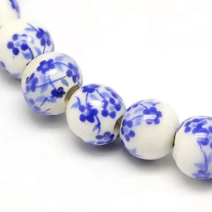 Lot de 10 perles en porcelaine - Fleurs bleues - 6 mm