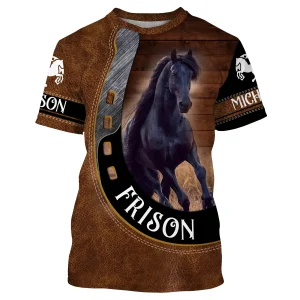 T-shirt Cheval Frison Personnalisé - Effet Cuir Brun Frison Galop