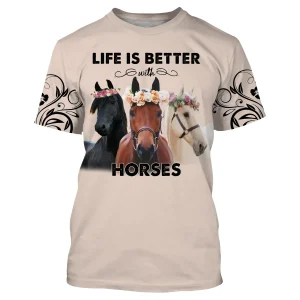 T-shirt Cheval Beige - Life Is Better With Horses Trois Têtes